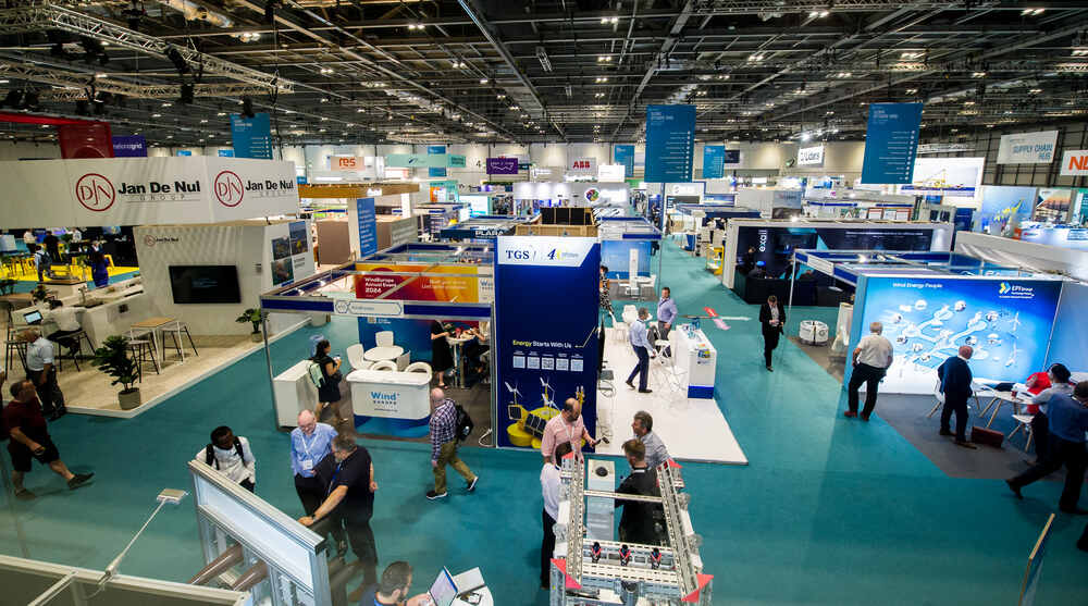 An aerial shot of the large exhibition hall at RenewableUK's flagship Global Offshore Wind event